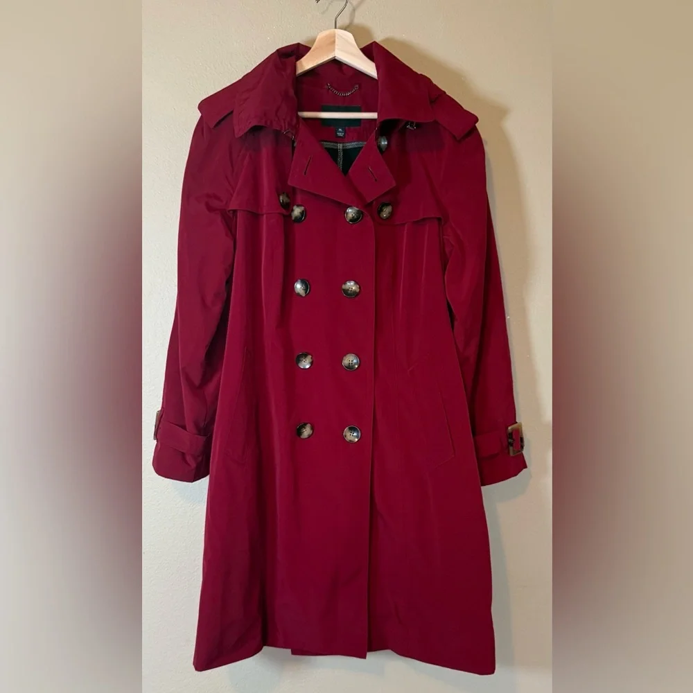 London Fog Burgundy Double-Breasted Hooded Lined Trench Coat Size XL